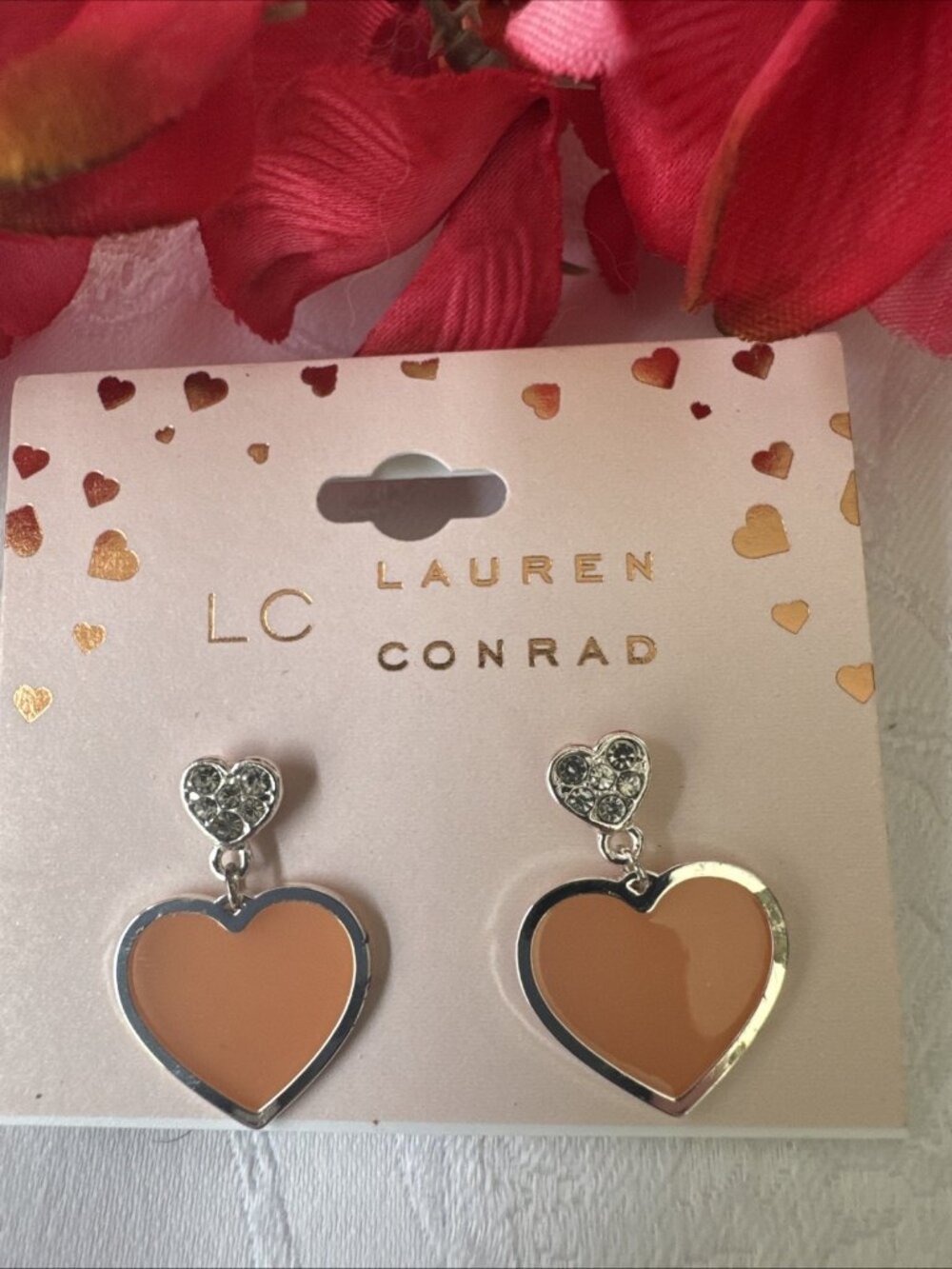 LC Lauren Conrad Orange Hearts Earrings Rhinestones Silver Tone Dangle 1" NEW